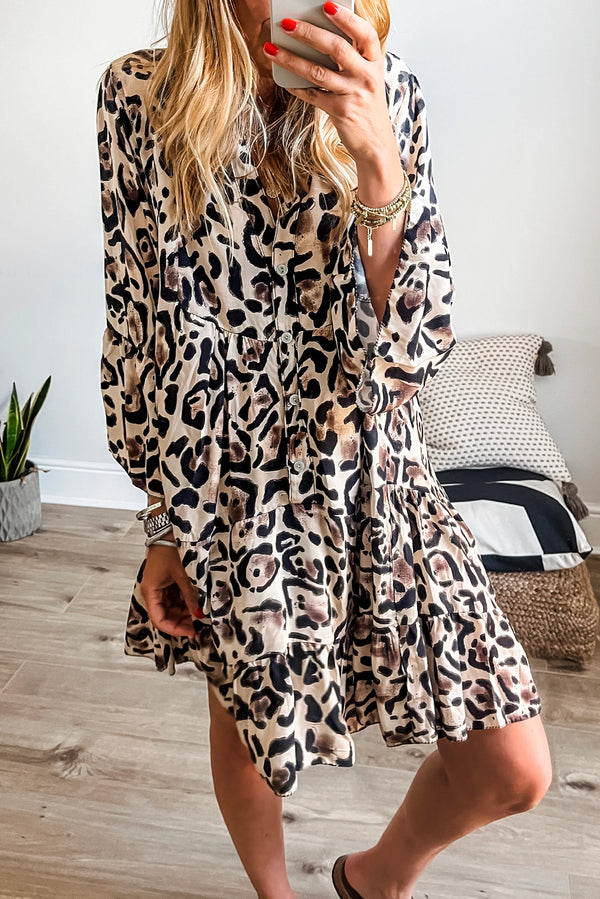 Black Leopard Button V Neck Flowy Mini Dress