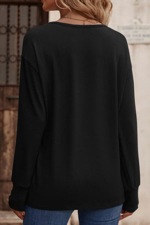 Black Solid Color V-Neck Loose Long Sleeve Top