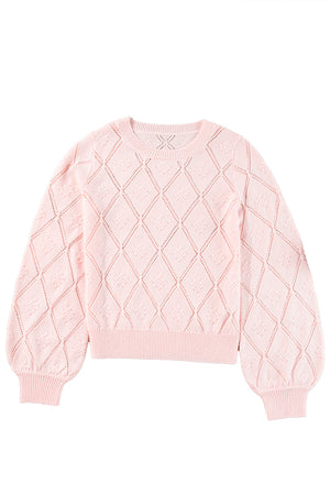 Gossamer Pink Openwork Plaid Puff Sleeve Cropped Sweater