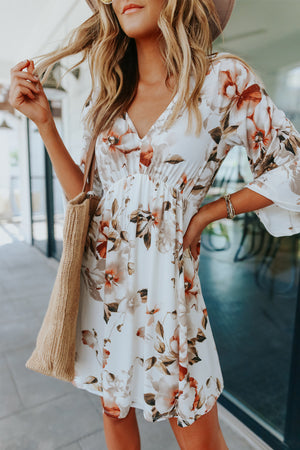 White Floral Print V Neck Flutter Half Sleeve Empire Waist Dress