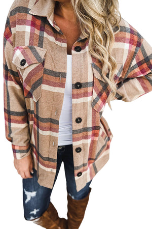 Khaki Plaid Casual Pockets Buttoned Shacket