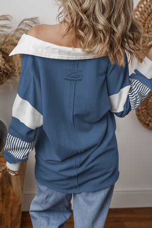 Pale Chestnut Striped Patchwork Collar Sweatshirt