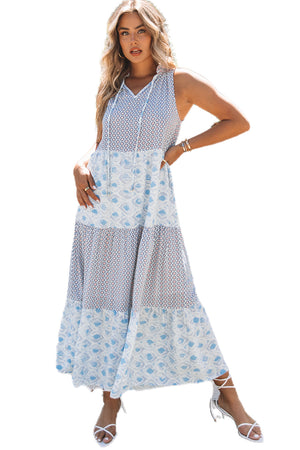 Light Blue Patchwork Sleeveless V Neck Summer Tiered Dress