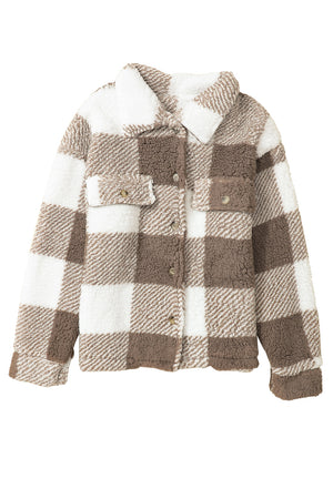 Khaki Plaid Buttoned Collared Sherpa Jacket