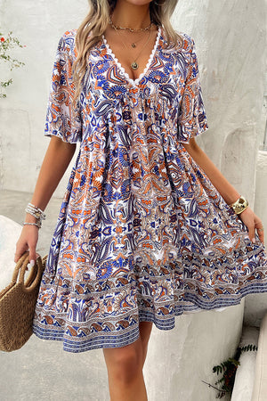 Printed V-Neck Half Sleeve Mini Dress