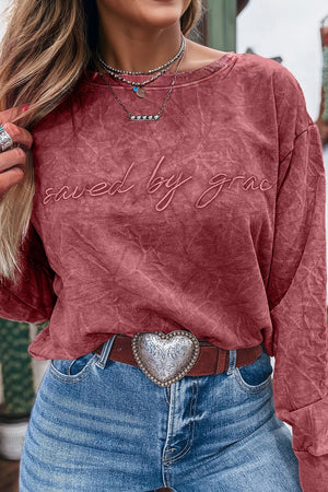 Real Teal saved by grace Letter Embroidery Mineral Wash Loose Sweatshirt