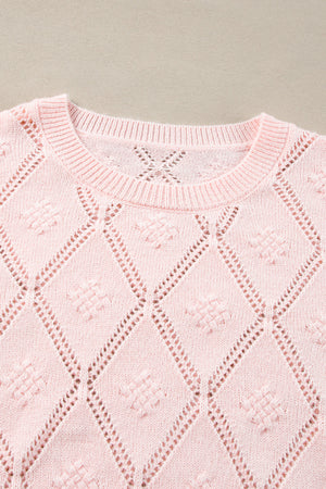 Gossamer Pink Openwork Plaid Puff Sleeve Cropped Sweater