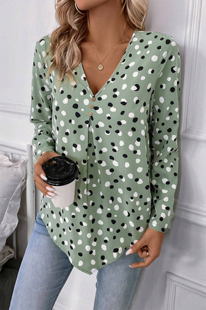 Green Dotted Print Button Front V Neck Blouse