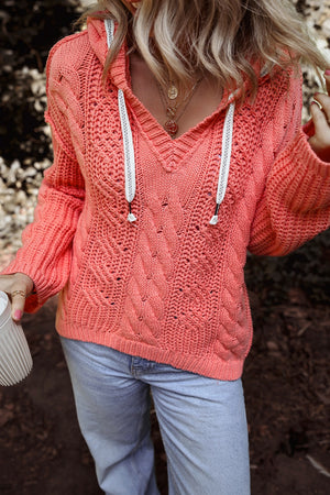 Drawstring Cable-Knit Hooded Sweater