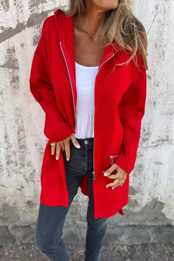 Fiery Red Solid Color Casual Zipper Hooded Jacket