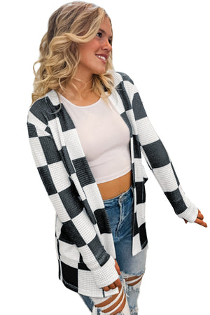 Black Checkered Waffle Knit Thumbhole Long Sleeve Cardigan