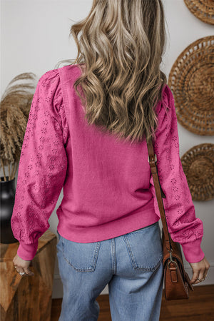 Bright Pink Eyelet Embroidered Sleeve Patchwork Ribbed Sweatshirt