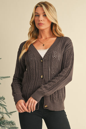 Black Hollow Knit Drop Shoulder Cardigan