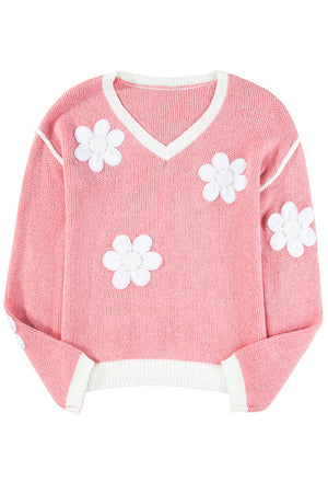 Pink Floral Patched Contrast Trim V Neck Sweater