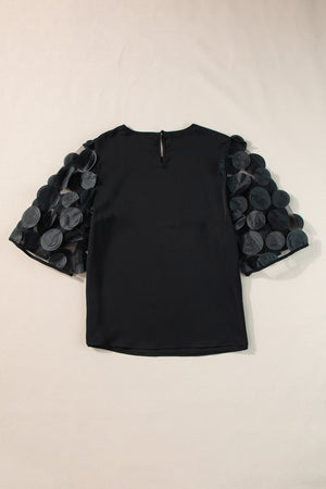 Black Applique Mesh Keyhole Back Splicing Sleeve Blouse