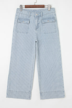 Sky Blue Striped Button Flap Pocket Cuffed Hem Wide Leg Jeans