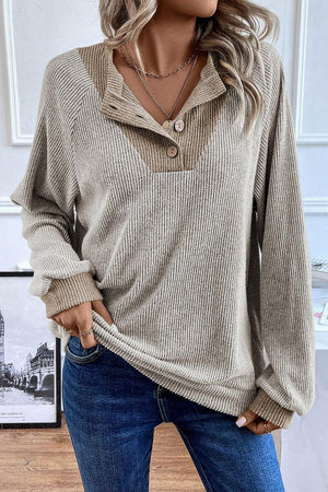 Light Grey Contrast Ribbed Loose Fit Henley Top