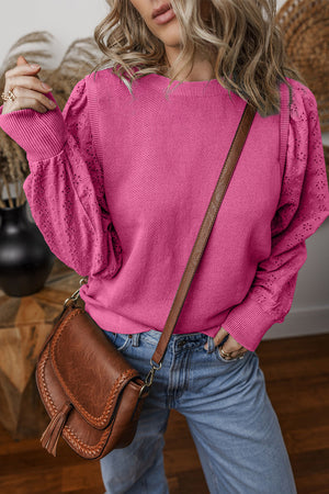 Bright Pink Eyelet Embroidered Sleeve Patchwork Ribbed Sweatshirt