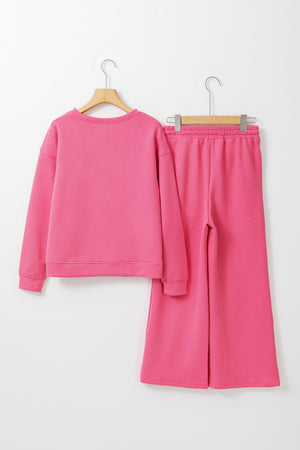 Strawberry Pink Textured Loose Slouchy Long Sleeve Top and Pants Set