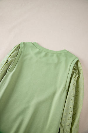 Bright Pink Eyelet Embroidered Sleeve Patchwork Ribbed Sweatshirt