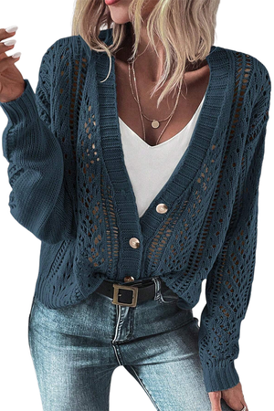 Black Hollow Knit Drop Shoulder Cardigan