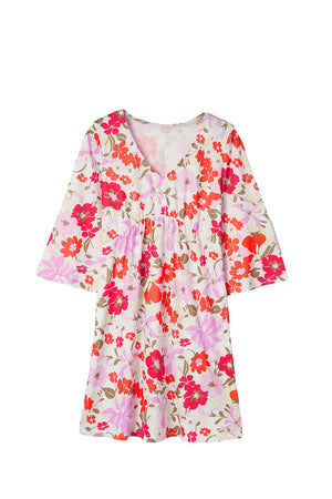 White Floral Print V Neck Flutter Half Sleeve Empire Waist Dress