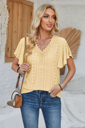 Eyelet Applique V-Neck Cap Sleeve T-Shirt