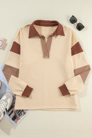 Pale Chestnut Striped Patchwork Collar Sweatshirt