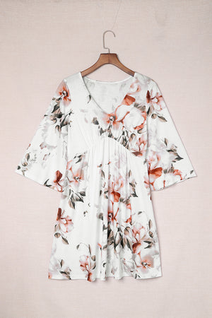 White Floral Print V Neck Flutter Half Sleeve Empire Waist Dress