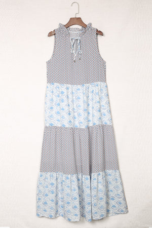 Light Blue Patchwork Sleeveless V Neck Summer Tiered Dress