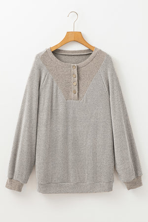 Light Grey Contrast Ribbed Loose Fit Henley Top