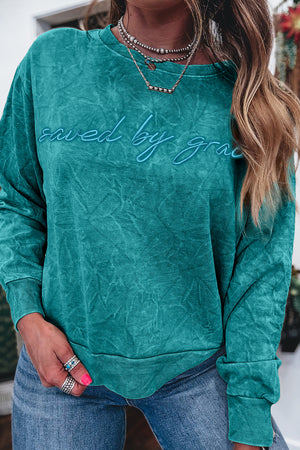 Real Teal saved by grace Letter Embroidery Mineral Wash Loose Sweatshirt