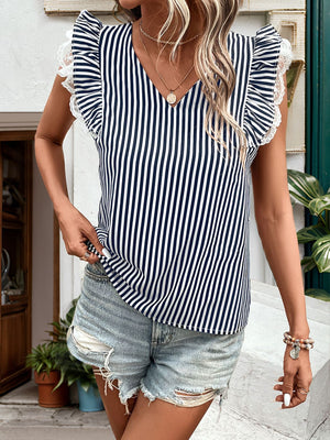 Lace Detail Ruffled Striped V-Neck Cap Sleeve Blouse