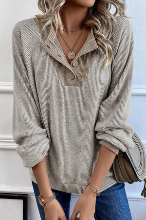 Light Grey Contrast Ribbed Loose Fit Henley Top