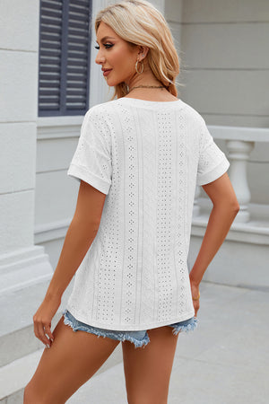 Eyelet V-Neck Short Sleeve T-Shirt