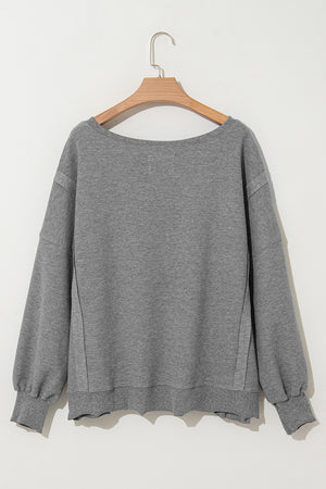 Gray Knit Bishop Sleeve Split Oversized Sweatshirt