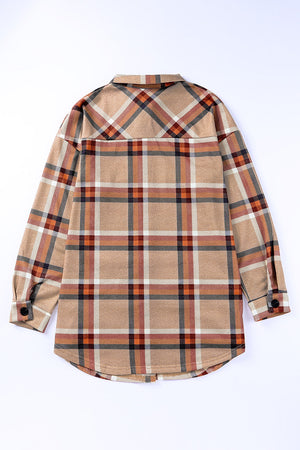 Khaki Plaid Casual Pockets Buttoned Shacket