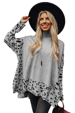 Gray Leopard Casual Side Slit High Neck Oversized Sweater