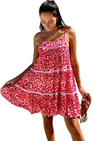 Rose Leopard Print Lace Trim Flared Mini Sundress