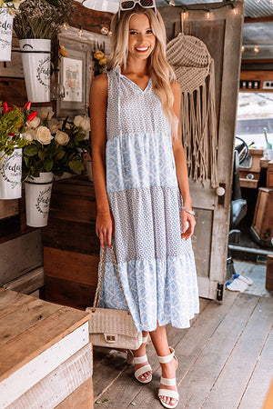 Light Blue Patchwork Sleeveless V Neck Summer Tiered Dress