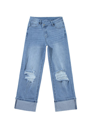 Dusk Blue High Rise Asymmetric Button Zip Fly Ripped Jeans