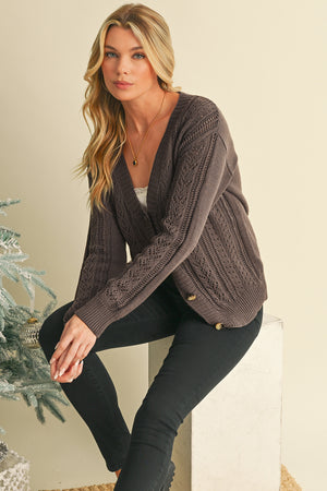 Black Hollow Knit Drop Shoulder Cardigan