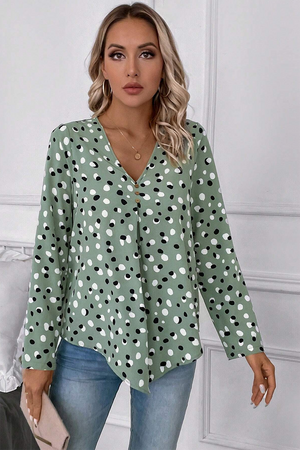 Green Dotted Print Button Front V Neck Blouse