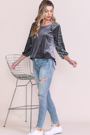 Grey Leopard Splicing Lantern Sleeve Velvet Blouse