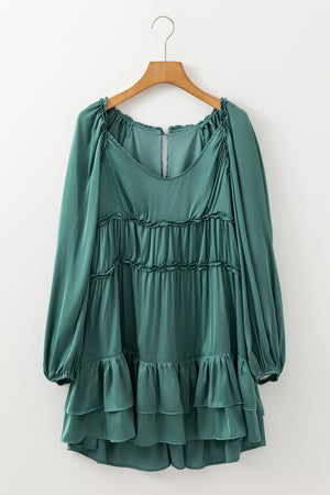 Mist Green Puff Sleeve Loose Fit Tiered Ruffle Mini Dress