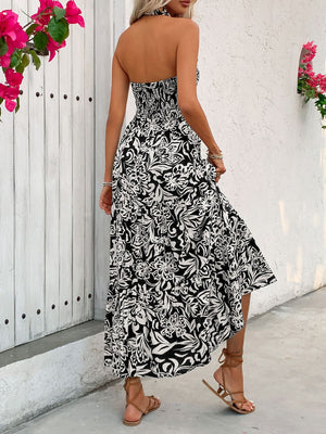 Backless Smocked Printed Sleeveless Midi Dress