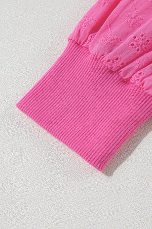 Bright Pink Eyelet Embroidered Sleeve Patchwork Ribbed Sweatshirt