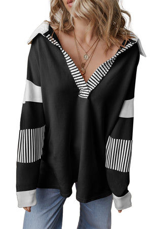 Pale Chestnut Striped Patchwork Collar Sweatshirt