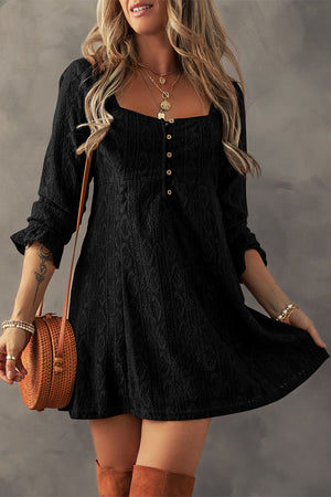 Black Lace Crochet Buttoned Square Neck Mini Dress