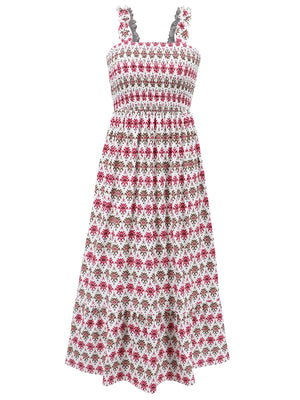 Smocked Printed Square Neck Sleeveless Dress